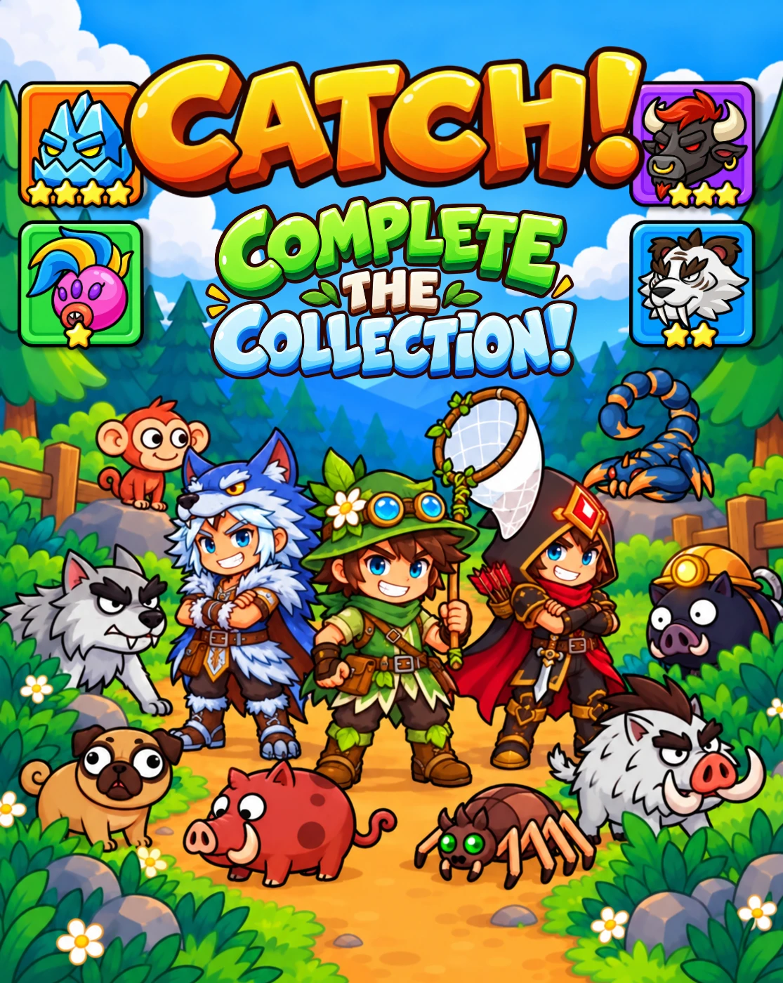 Catch! Complete the collection! Three young heroes, one holding a catching net, stand on a forest path surrounded by wild beasts.